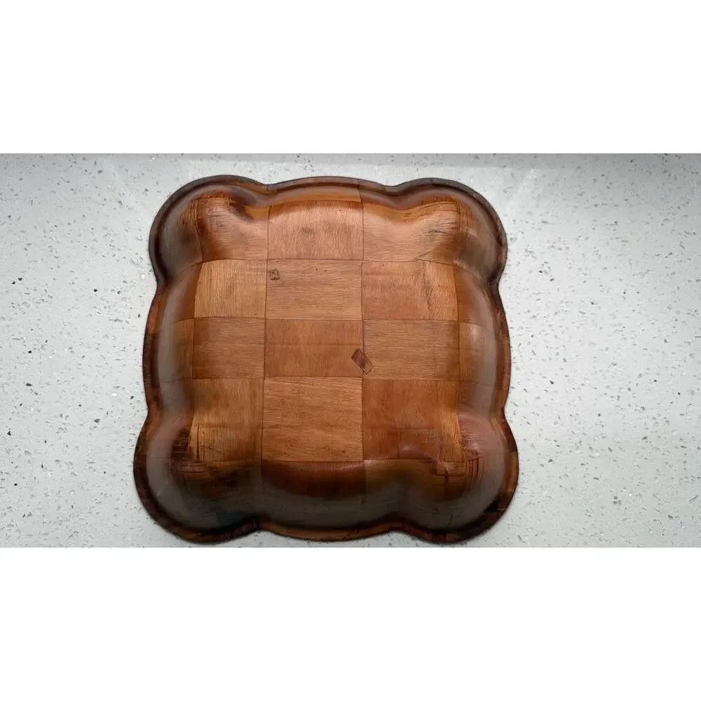 VINTAGE Patchwork Checkerboard Pattern Wooden Bowl Scalloped Edges